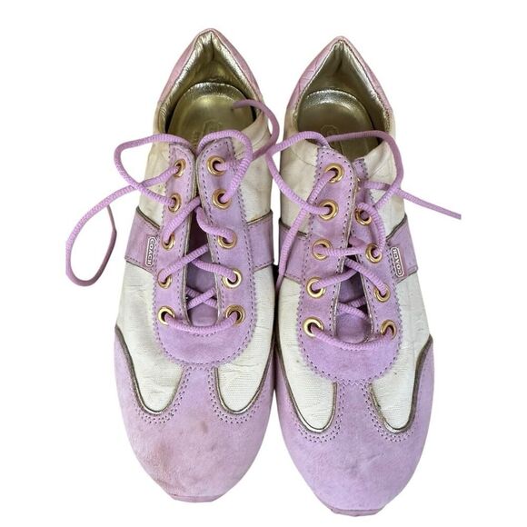 Coach Kelley Sneakers Women’s 8.5 Purple Suede Canvas Low Top Logo Lace Up - Picture 1 of 13